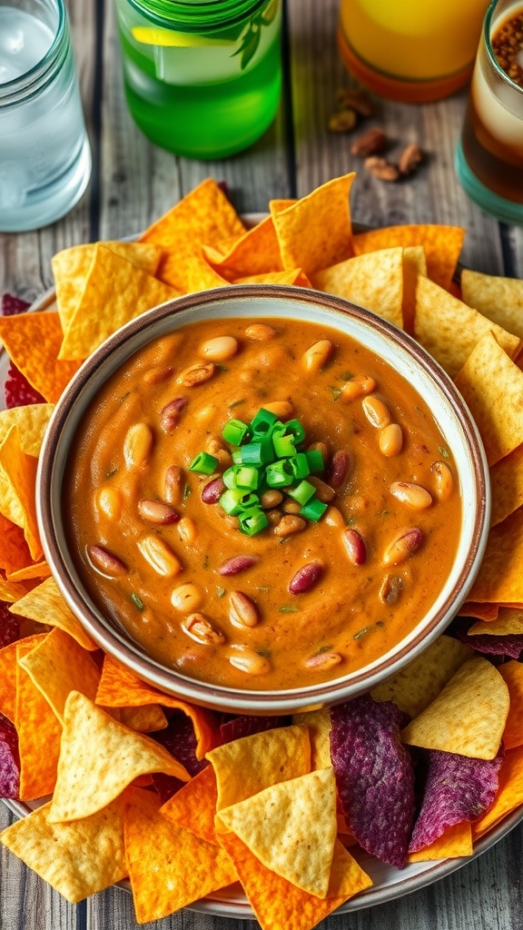 Spicy bean dip in a bowl with tortilla chips on the side, garnished with green onions.